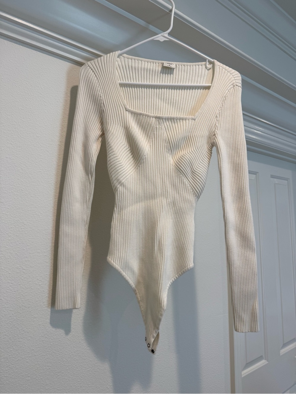 Abercrombie & Fitch Cream Ribbed Long-Sleeve Square Neck Bodysuit